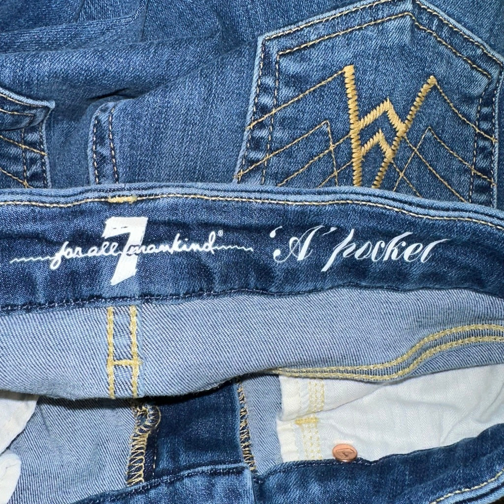 Women's 7 For All Mankind Blue Gold Stitch A Pocket Flare Jeans Size 26 - Picture 5 of 16